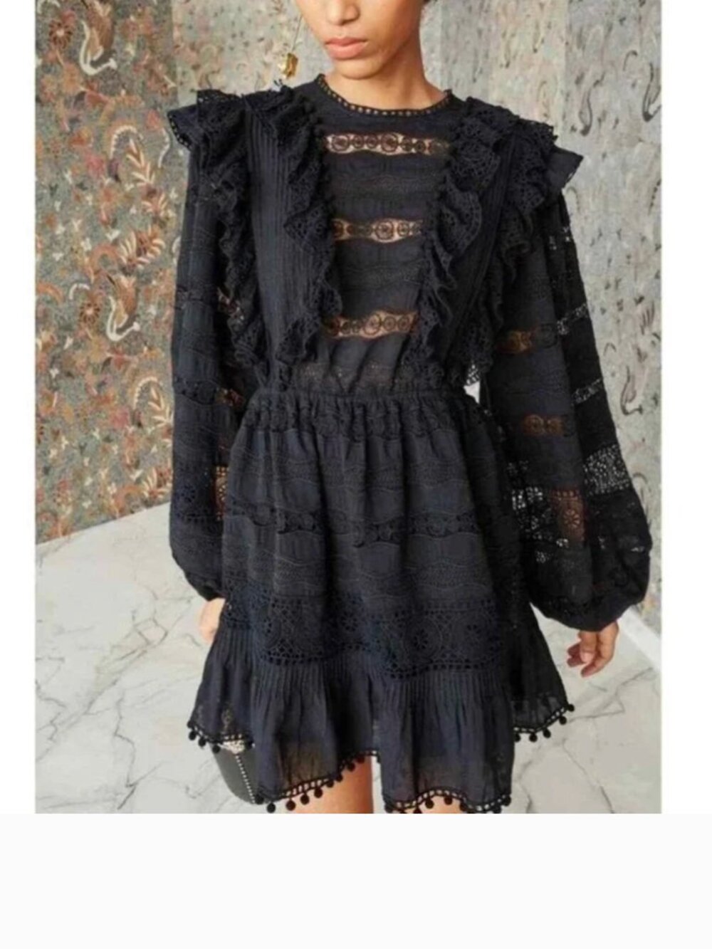 NWT ULLA JOHNSON Jolie Rare Black Ruffle Boho Cotton Puff Sleeve Mini Dress 2